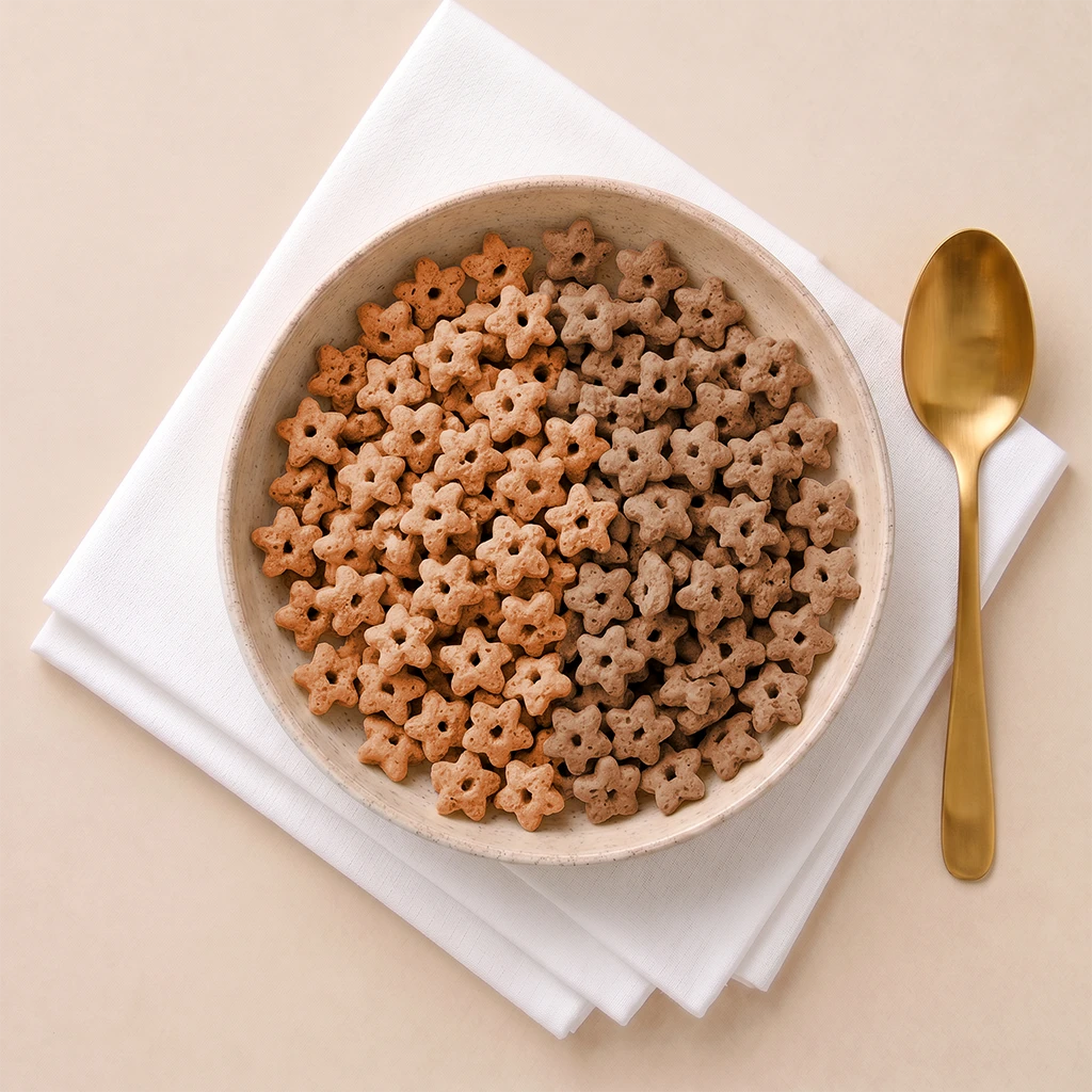 Star-shaped cereal pieces in a light beige bowl, arranged on a white folded napkin with a gold spoon on a warm beige background.