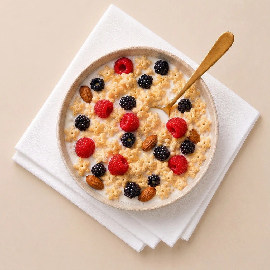 Gluten free quinoa cereal with milk and berries