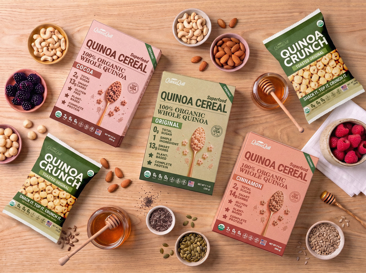 QuinoaQuill quinoa cereals and quinoa crunch with recipe ingredients