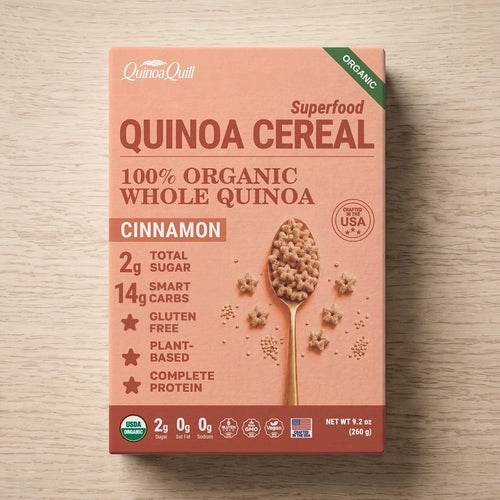 Organic cinnamon quinoa cereal box by QuinoaQuill