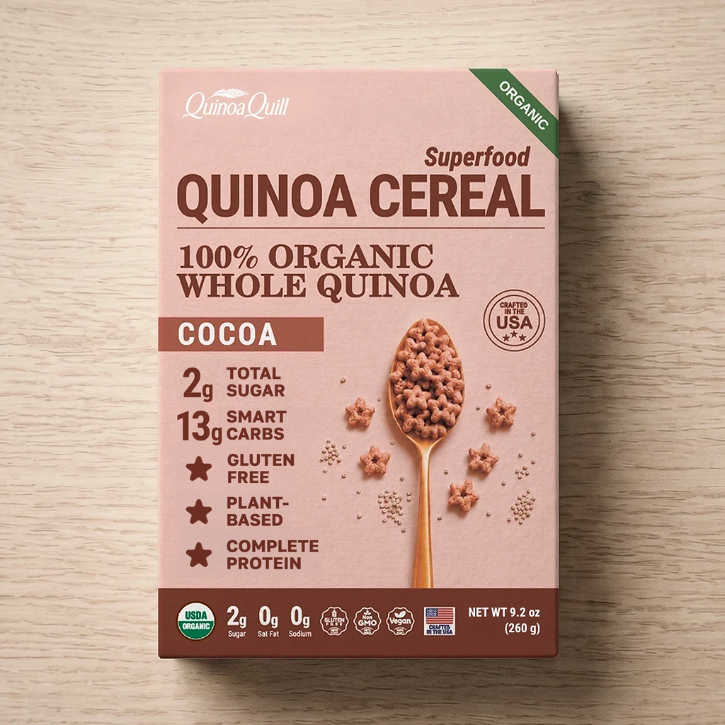 QuinoaQuill Cocoa organic quinoa cereal box
