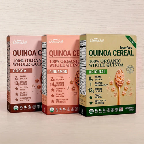 QuinoQuill Crown Blend Original Cocoa and Cinnamon quinoa cereal boxes