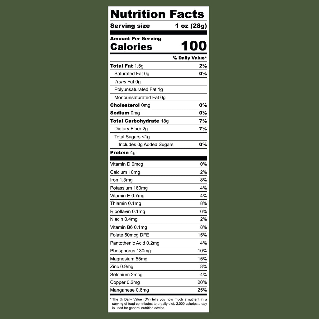 QuinoaQuill Crunch nutrition facts label