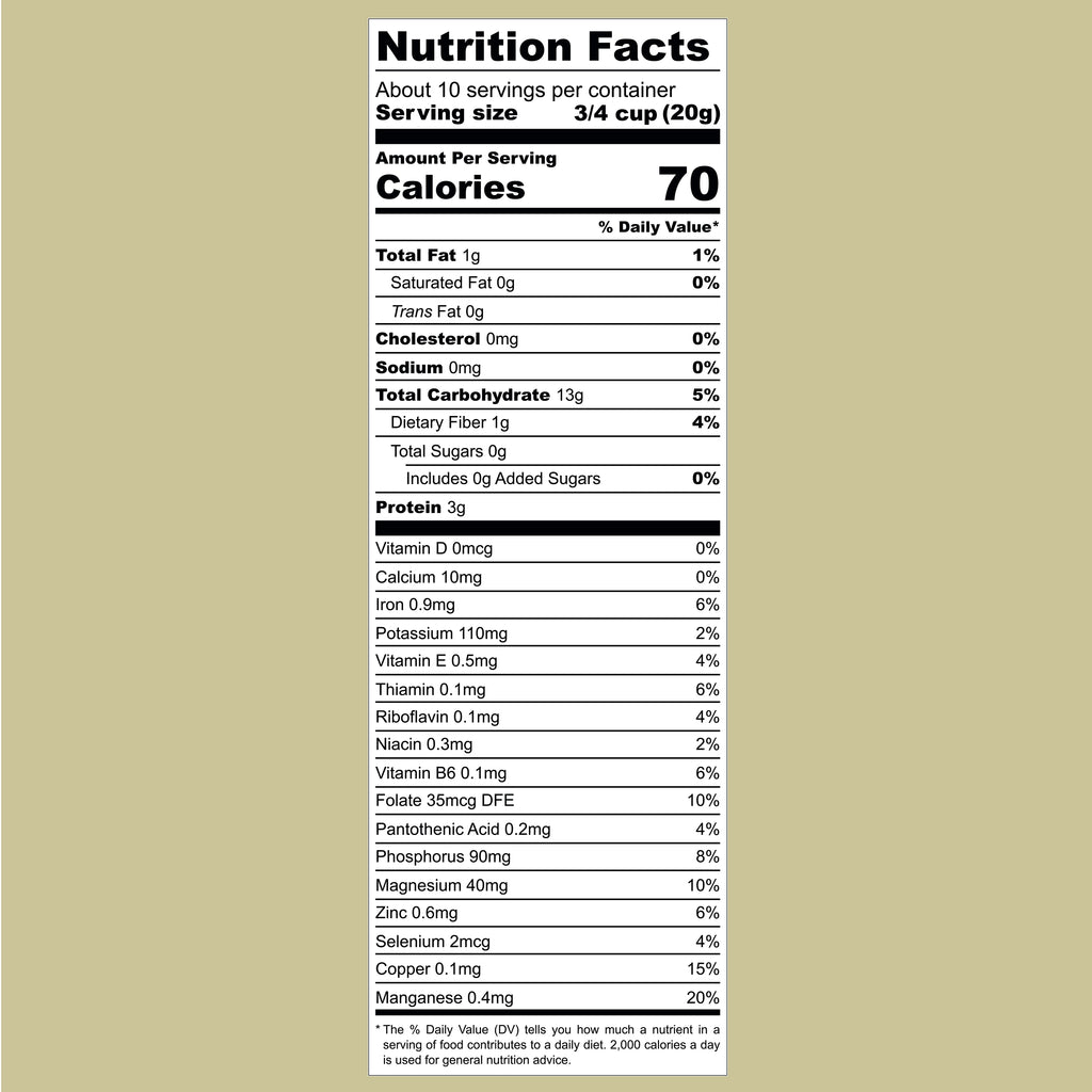 QuinoaQuill Original cereal nutrition facts label