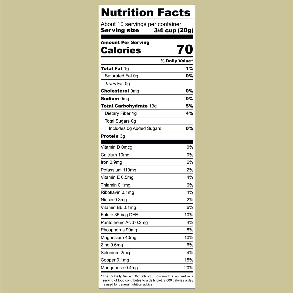 QuinoaQuill Original cereal nutrition facts label