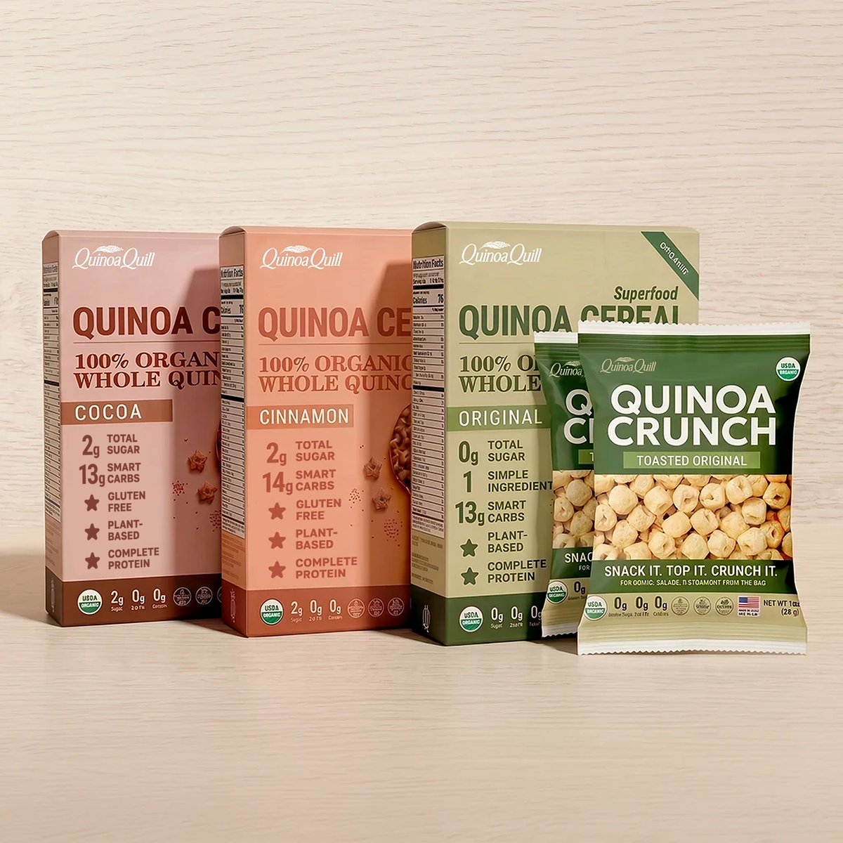 QuinoaQuill Ultimate Bundle with Original Cocoa Cinnamon cereal and quinoa crunch